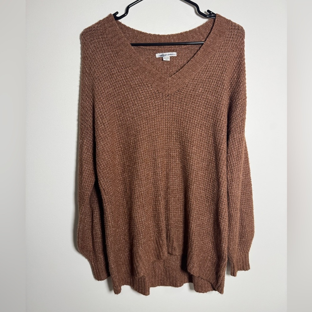 American Eagle Waffle Knit Sweater Brown V Neck Cozy Womens XS/S